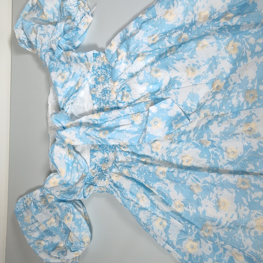 Hello Molly Sunshine Style Puff Sleeve Blue Floral Mini Dress S - Picture 10 of 14